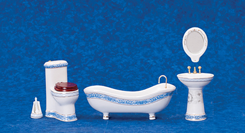 Bath Set, 5 pc., White with Blue Trim